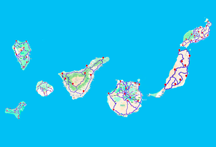 Mapa de las islas Canarias con las rutas de Transcanaria