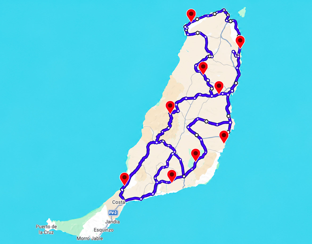 Mapa orientativo de las cuatro rutas de Transcanaria en Fuerteventura